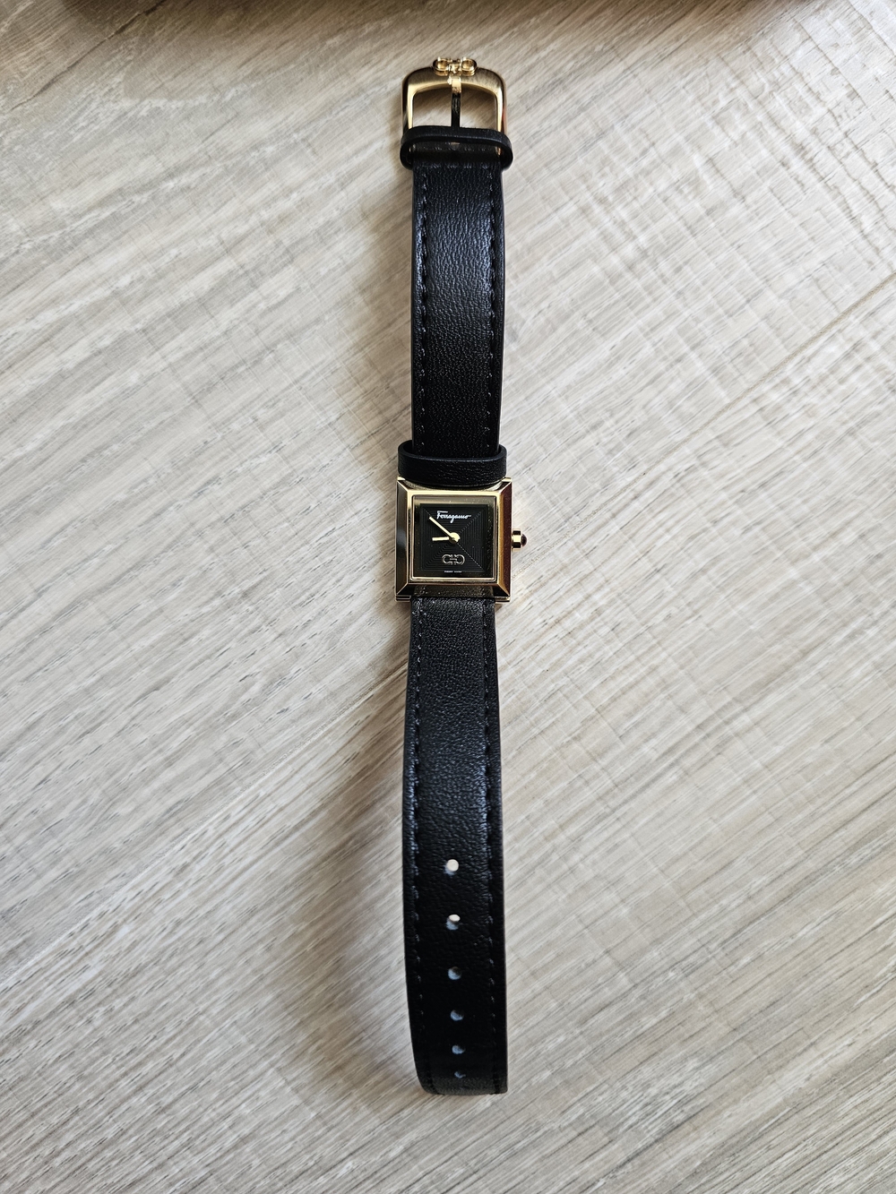 NIB Salvatore Ferragamo Black and Gold Leather Watch